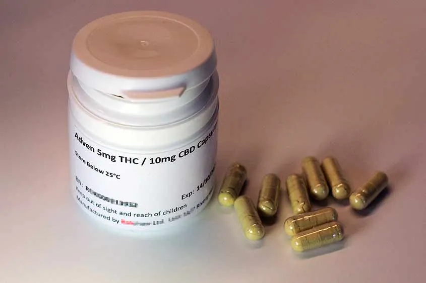 Medicinal marijuana container and capsules.