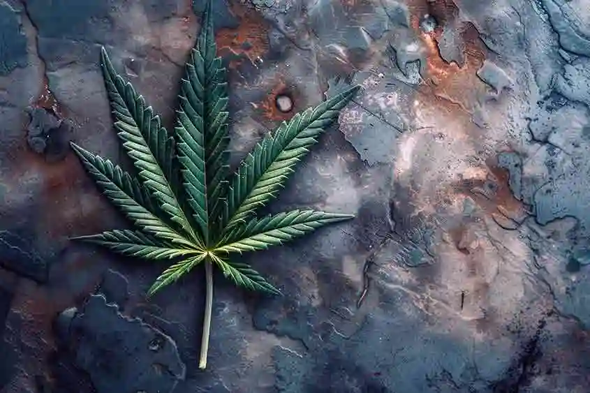 AI image of a cannabis leaf on a rocky surface