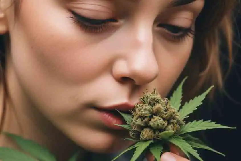 AI image - a closeup of a girl smelling marijuana flower