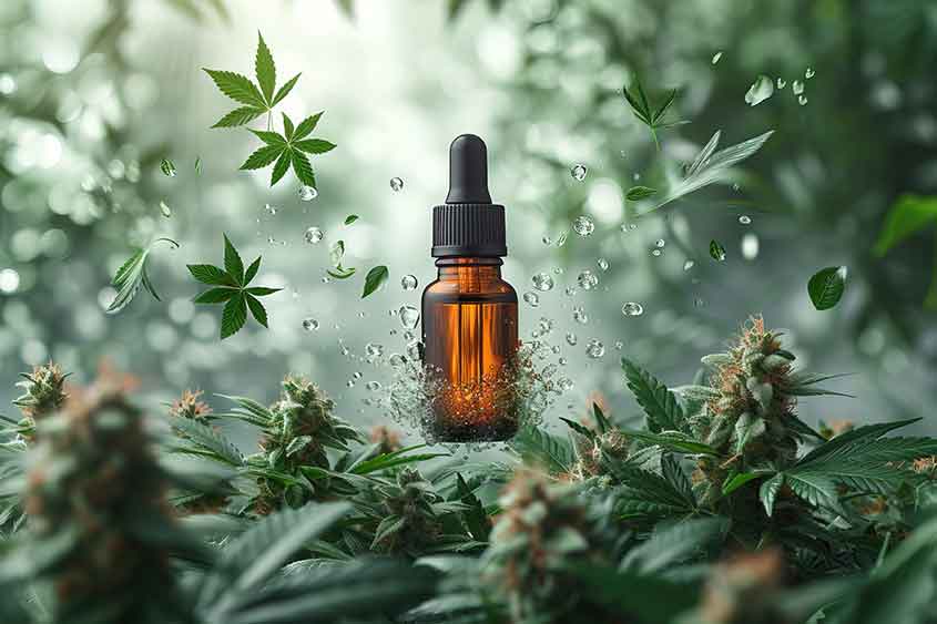 Cannabis tincture among leaves