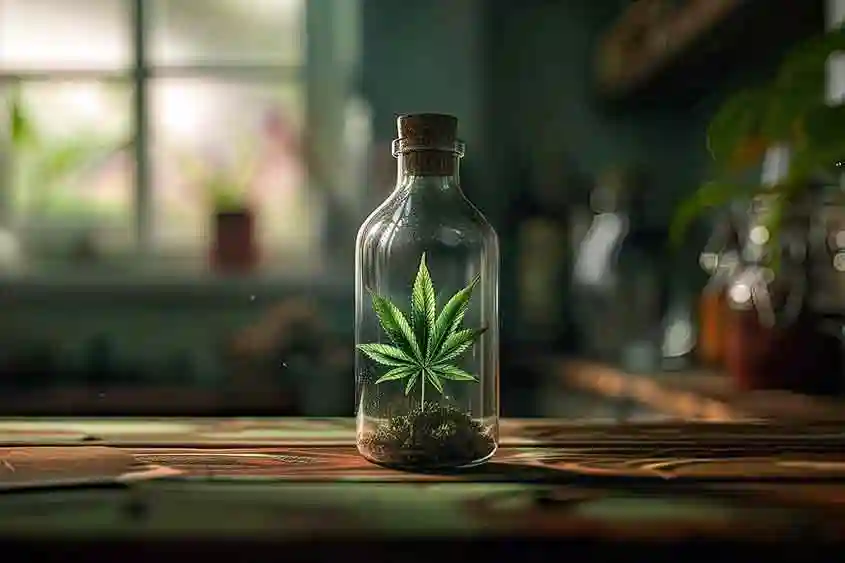 Illustrative AI image of a glass jar with a cannabis leaf in it. The location is a wooden counter, which implies home use and recreational cannabis