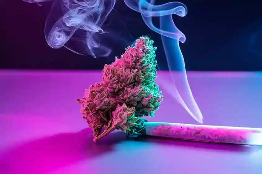 Cannabis flower and a smoking joint in purple light