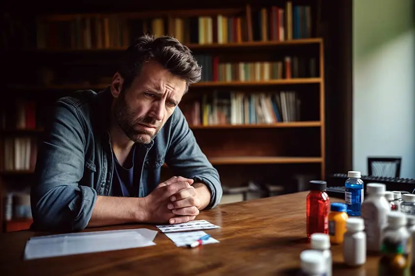 Man at a table, looking at his medications