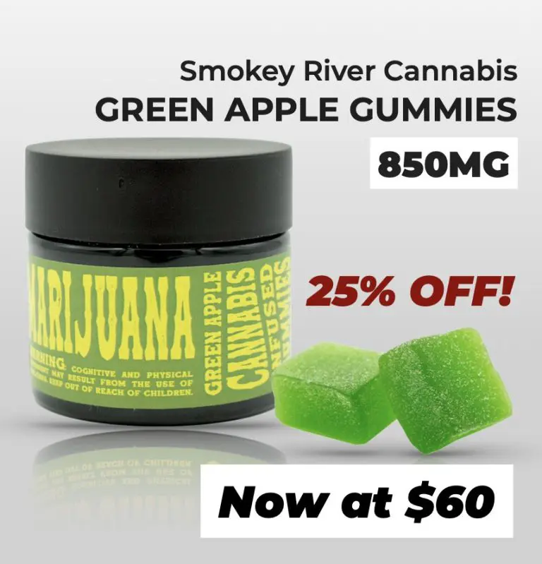 Banner of smokey river cannabis green apple gummies 850mg. 25% off. Now at 60$