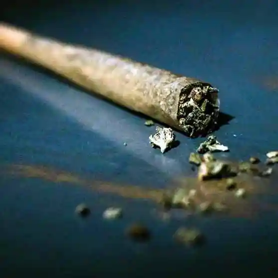 A cannabis blunt on a blue surface.